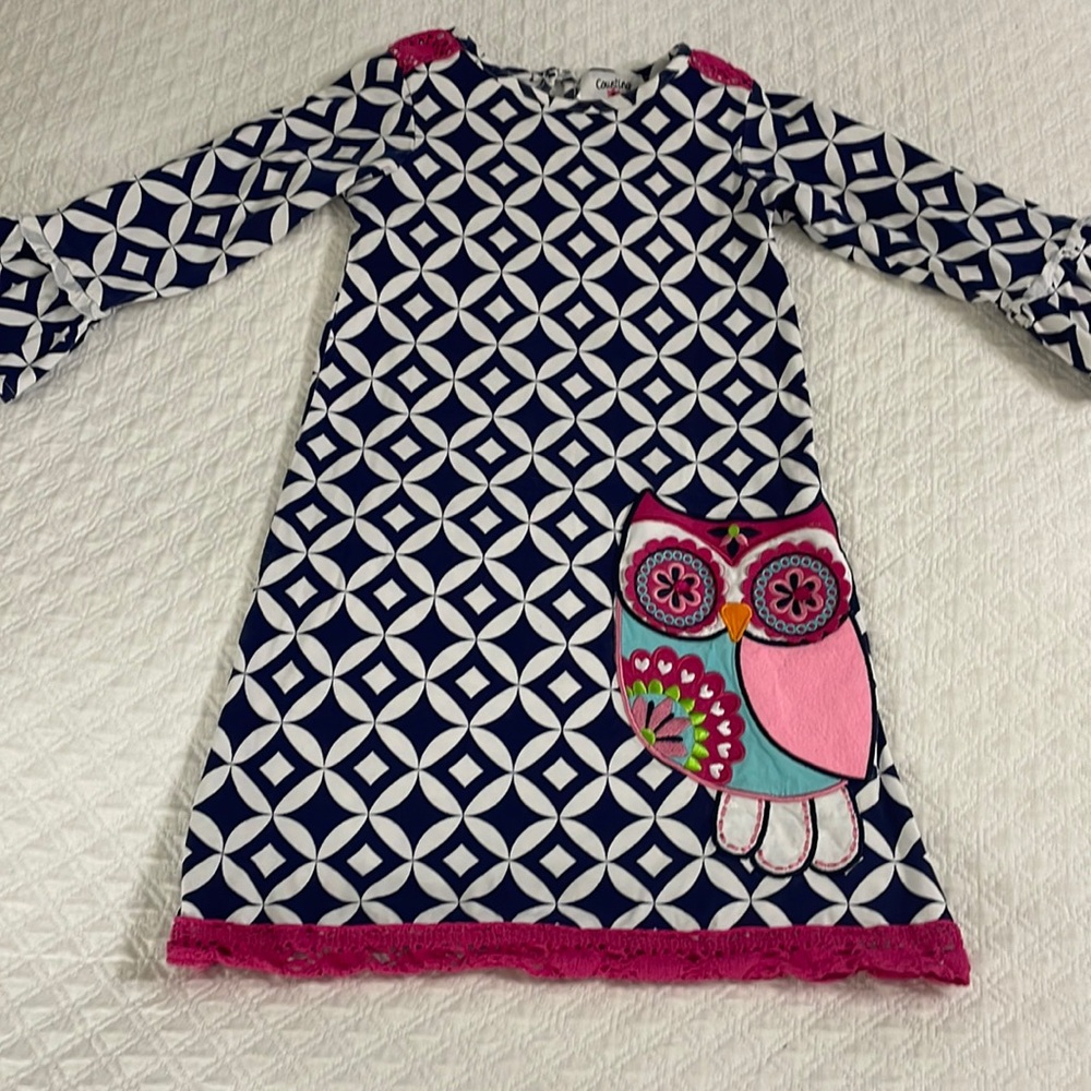 Girls boutique counting daisies appliqué owl pink blue dress 6X bell sleeves